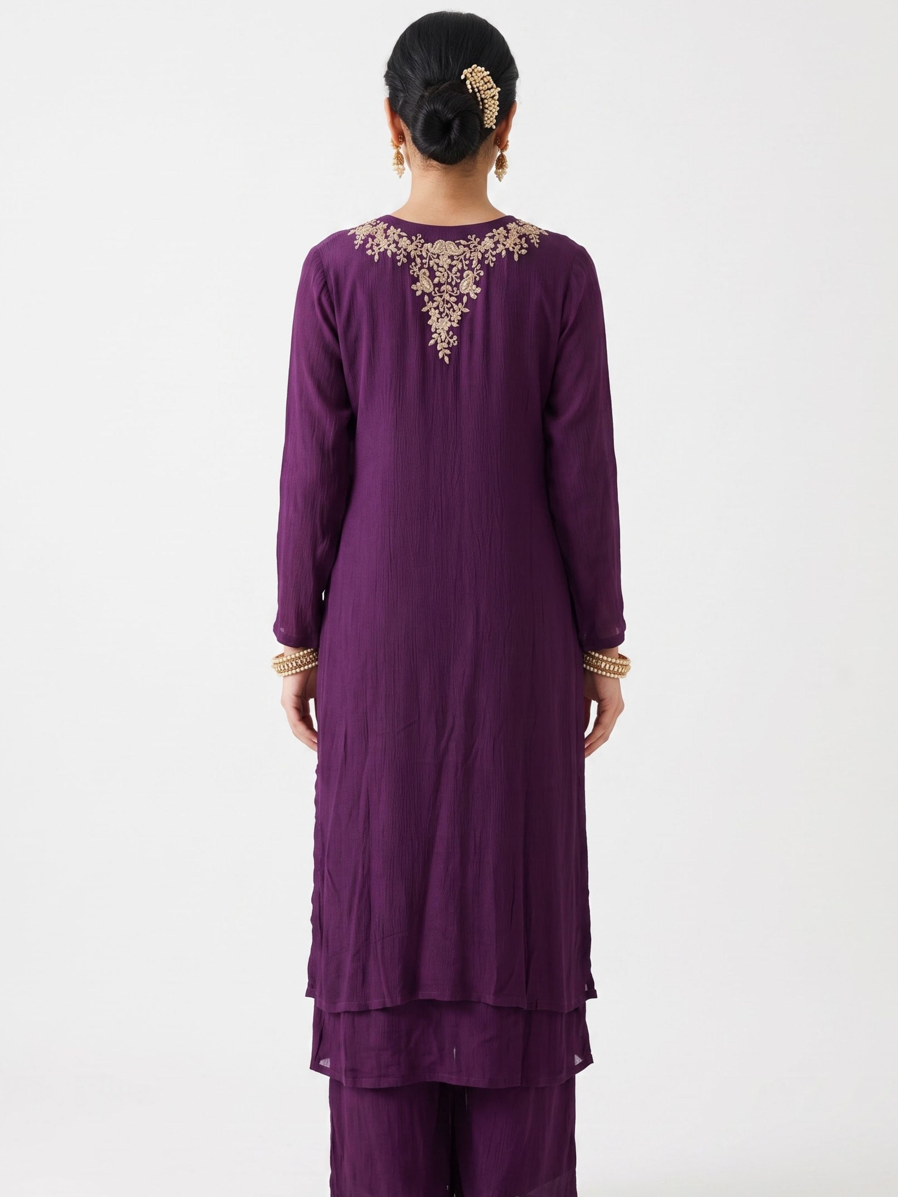 Wine Chinon Shirt, Palazzo, Shrug And Dupatta with Cutdana, Sequins, Pearl and Dabka Embroidery 1